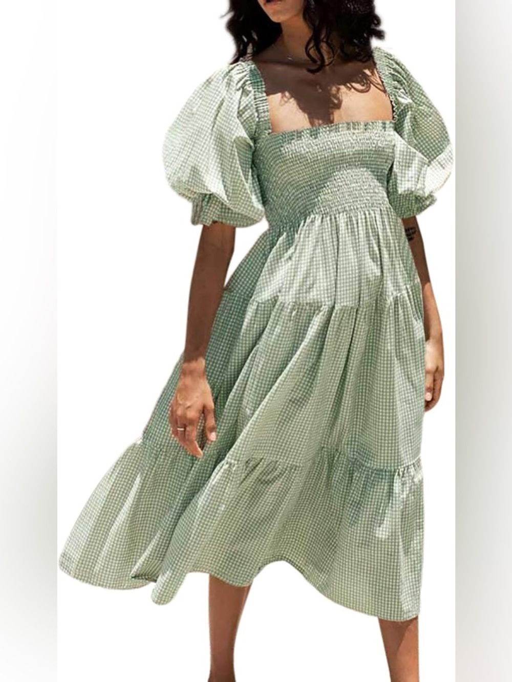 R. Vivimos Smocked Square-Neck Midi Dress in Light Green Gingham